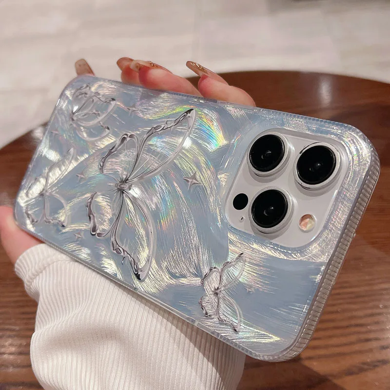 Silver Personality Gradient Feather Butterfly Phone Case For iPhone 11 12 13 14 15 Pro Max Plus Shockproof Soft IMD BacK Cover