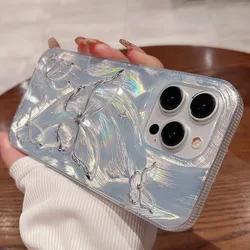 Silver Personality Gradient Feather Butterfly Phone Case For iPhone 11 12 13 14 15 Pro Max Plus Shockproof Soft IMD BacK Cover