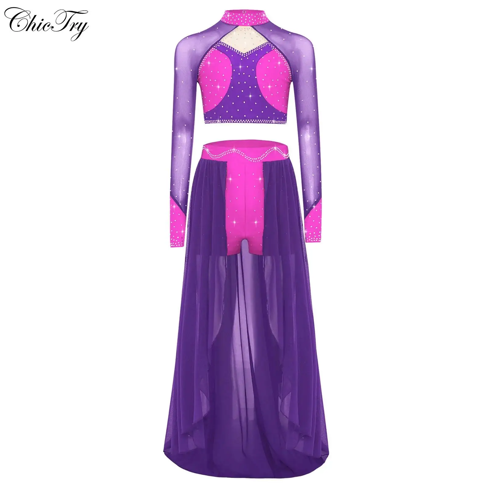 キッズガールズバレエダンスセット叙情的モダンダンスコスチューム長袖カットアウトバックラインストーンクロップトップと非対称スカート