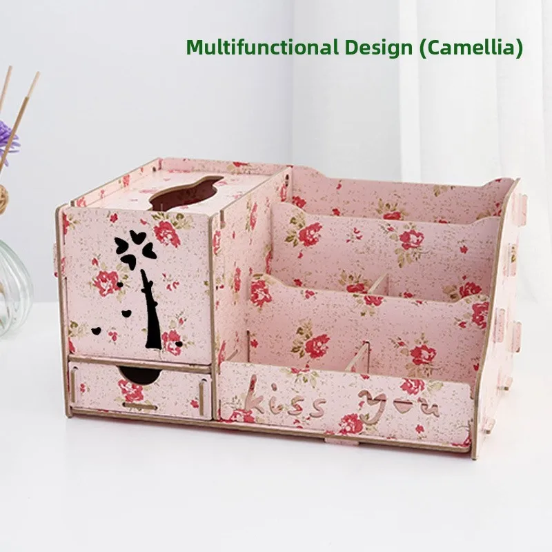 

Living Room Multi-Functional Desktop Organizer Box Tissue Remote Control Arrangement Drawer Wooden Material Large Capacity