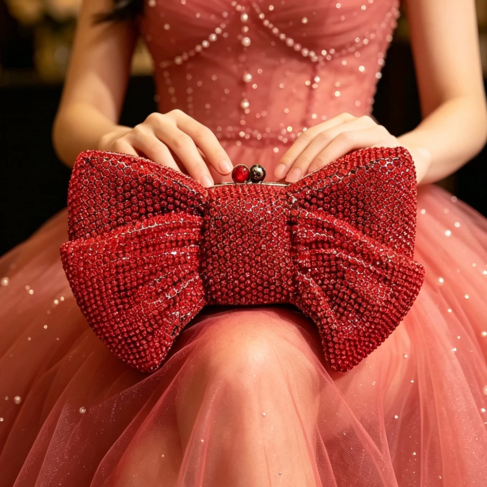 Red Bow Diamond Crystal Evening Clutches Bags Women Rhinestone Wedding Party Clutch 20 Colors  Lady Prom Purse And  Handbag