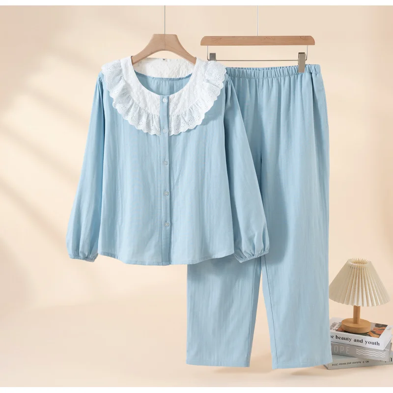 New sweet women's pajamas, pure cotton, spring and summer, long-sleeved, long-pants, lace-trimmed collar, home wear set, can be
