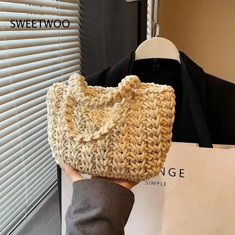 Handmade Thick Woven Tote Bag Hollow Knit Handbag Lightweight Vacation Beach Casual Daily Shopping Shoulder Bag for Women Bag