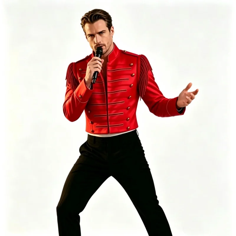 Men's Red Satin Court Jacket Stand Collar Tassel Shoulder Epaulet Cropped Blazer Singer Stage Performance Costume Party Coat