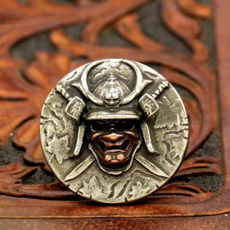 Retro Brass Japanese Samurai Helmet Skull Mask Decoration Buckle Screw Back Handmade Leather DIY Accessories