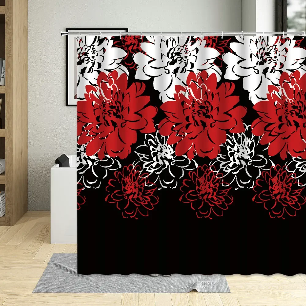 Abstract Floral Background Fashion Black Seamless Pattern Shower Curtain Beautiful Red White Creative Flowers Bathroom Curtains