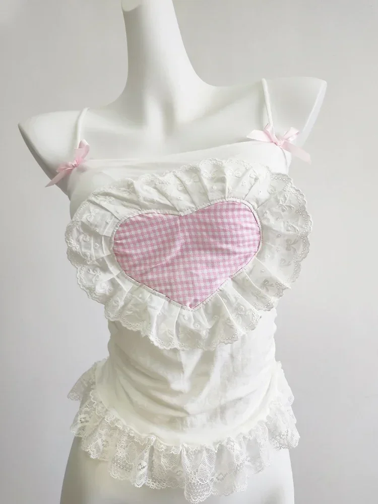 Kawaii Crop Top Women Summer Bows Decoration Lace Trim Pink Plaid Heart Shape Patch Lolita Style Cute Cropped for Sweet Girls