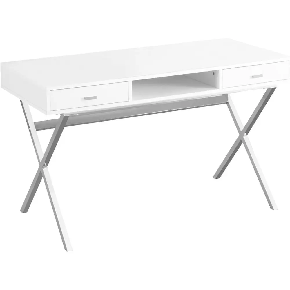 

48 White Glossy Metal Laptop Desk with Open Shelves and Durable Legs