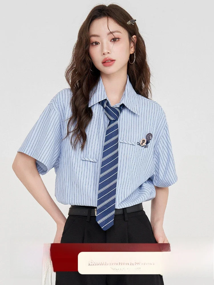 

Elegant Blue Striped Short Sleeve Shirt Women's Summer Loose Fit College Style Shirt Breathable Polyester Fiber