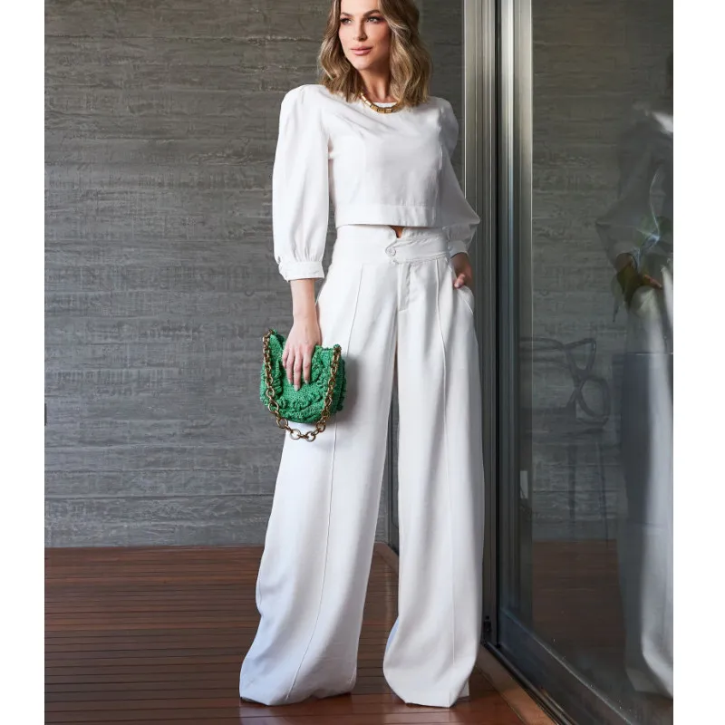 Fashion 7 Point Sleeve Short Top Women Suit Spring Autumn New High-waisted Wide-leg Pants Elegant Female White Office 2piece Set