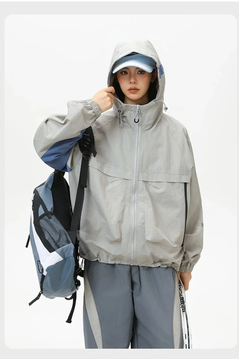 

Unisex Plus Size Windbreaker For Women Couple Model Trench Coat Loose Fit Casual Korean Style Hooded High School Student