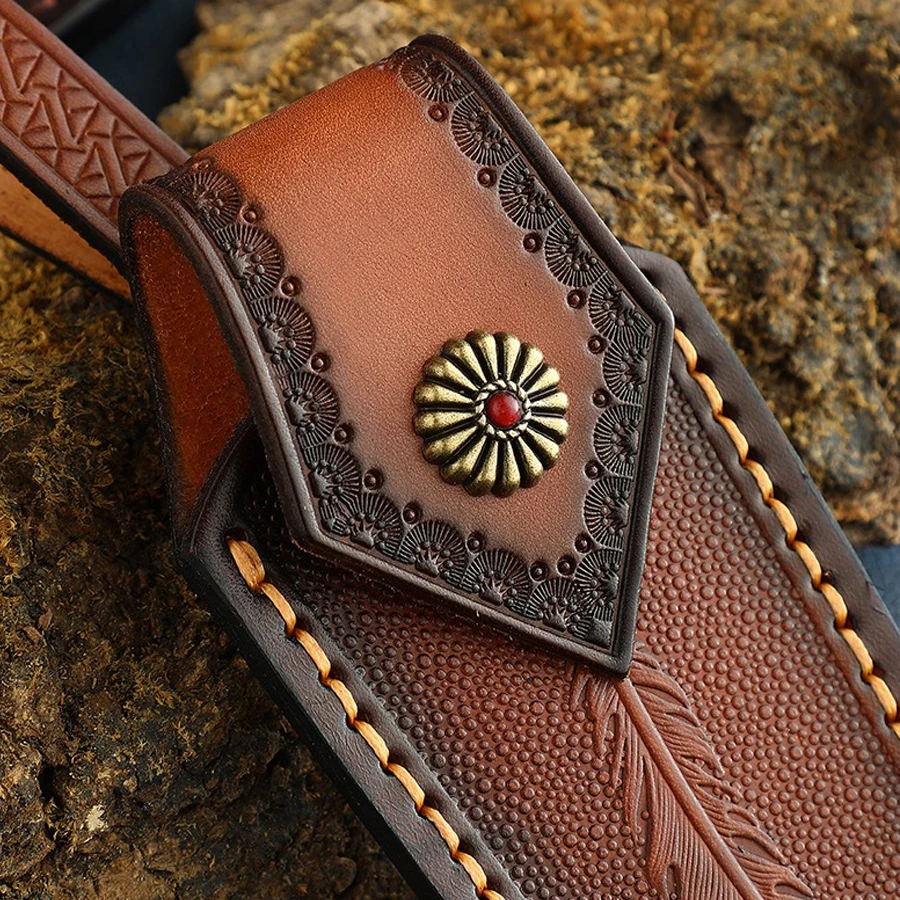 طقم سكاكين قابل للطي مع جلد مدبوغ بالخضار ، مخيط يدويًا ، طقم سكاكين مطبوع ، جلد بقر بطبقة علوية ، غمد سكين خارجي