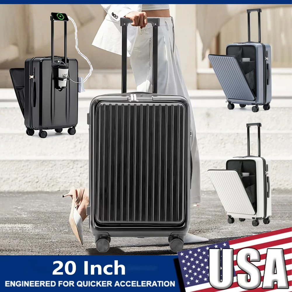 

20 Inch Front Opening Cabin Suitcase Spinner Wheel Travel Rolling Luggage For Men Women Trolley Case With TSA Lock,USB Charging