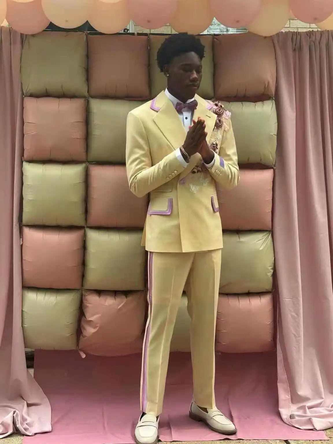 

Yellow Purple Men Suit Set 2 Piece Blazer+Cotton Pant Trousers Flower Customized Formal Office Jacket Groom Wedding Tuxedo Coat