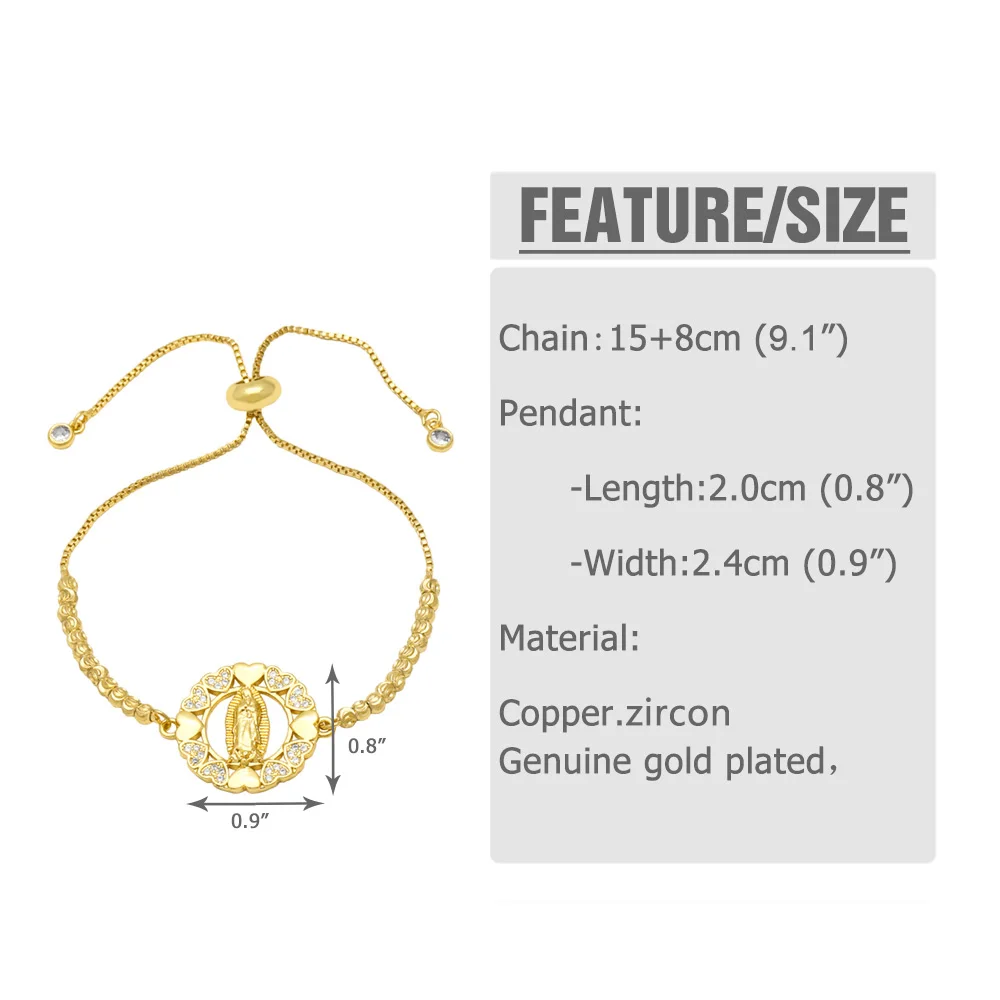 سوار مطلي بالذهب للنساء ، أساور ماري العذراء ، قلب كريستال زركونيا ، سوار غوادالوبي ، مجوهرات تميمة ، Brtf28