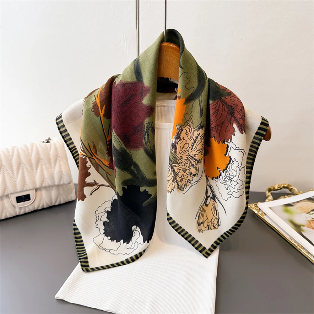 Luxuriöses Kopftuch mit Blumenmuster für Damen, Baumwollähnlicher Hijab, Warm für Frühling und Herbst, Weiches Quadratisches Foulard, Bandana, Halstuch