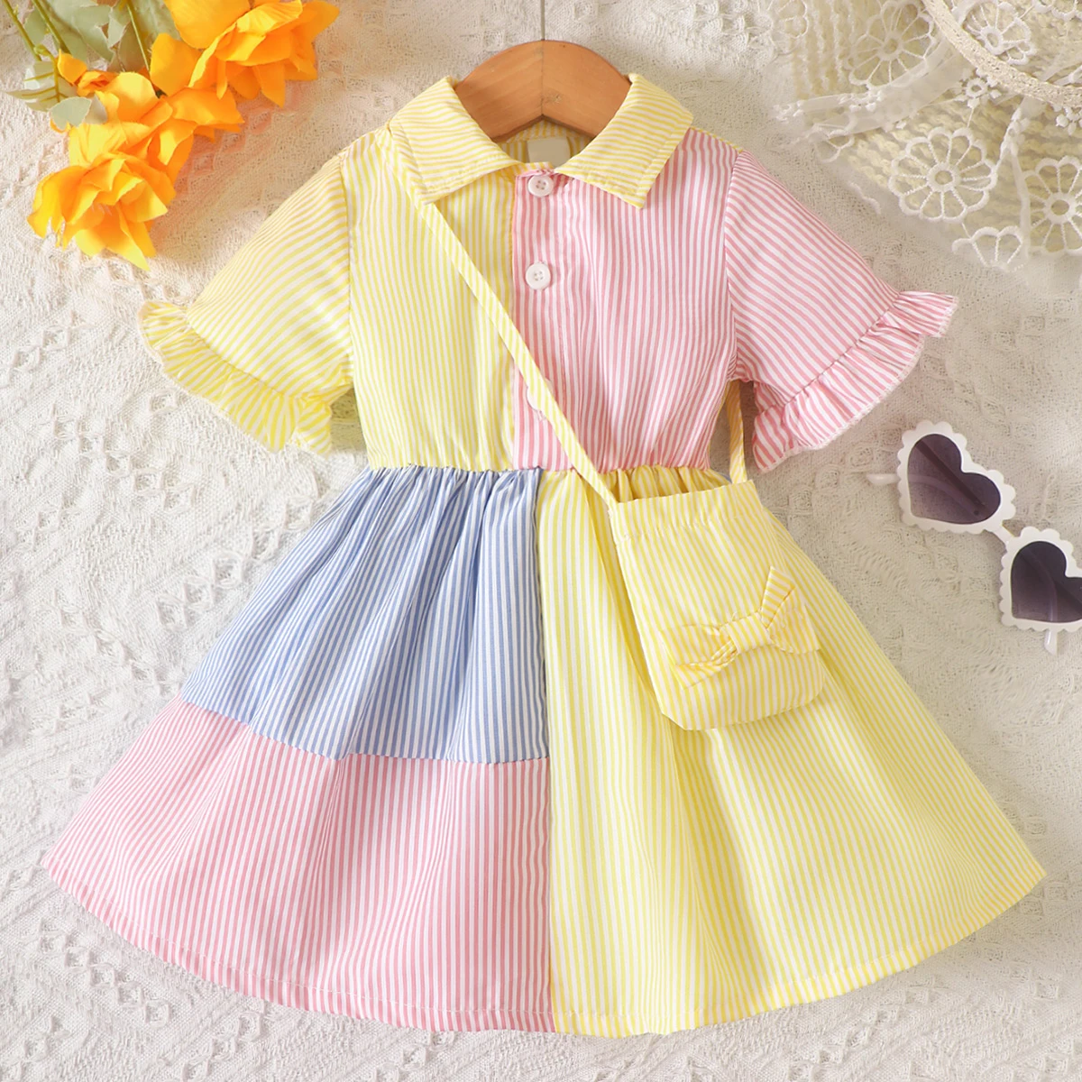 0-2 Year Old Newborn Dress Striped Color Matching Waist Up Dress Bag Baby 2Pcs Set