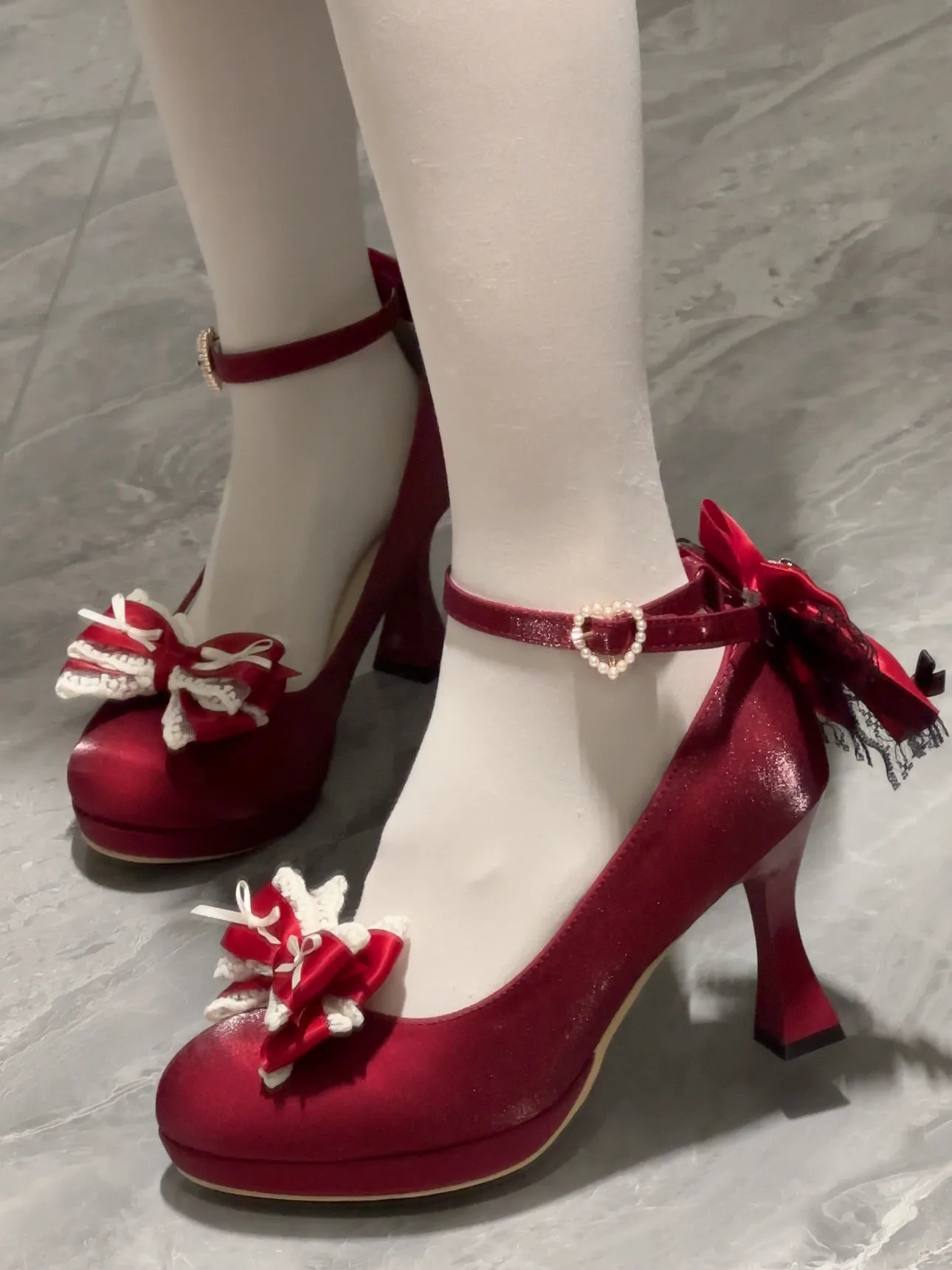 Sweet Lolita Mary Jane High Heels Lace Bow Pearl Heart Buckle Ankle Strap Vintage Women Tea Party Pumps