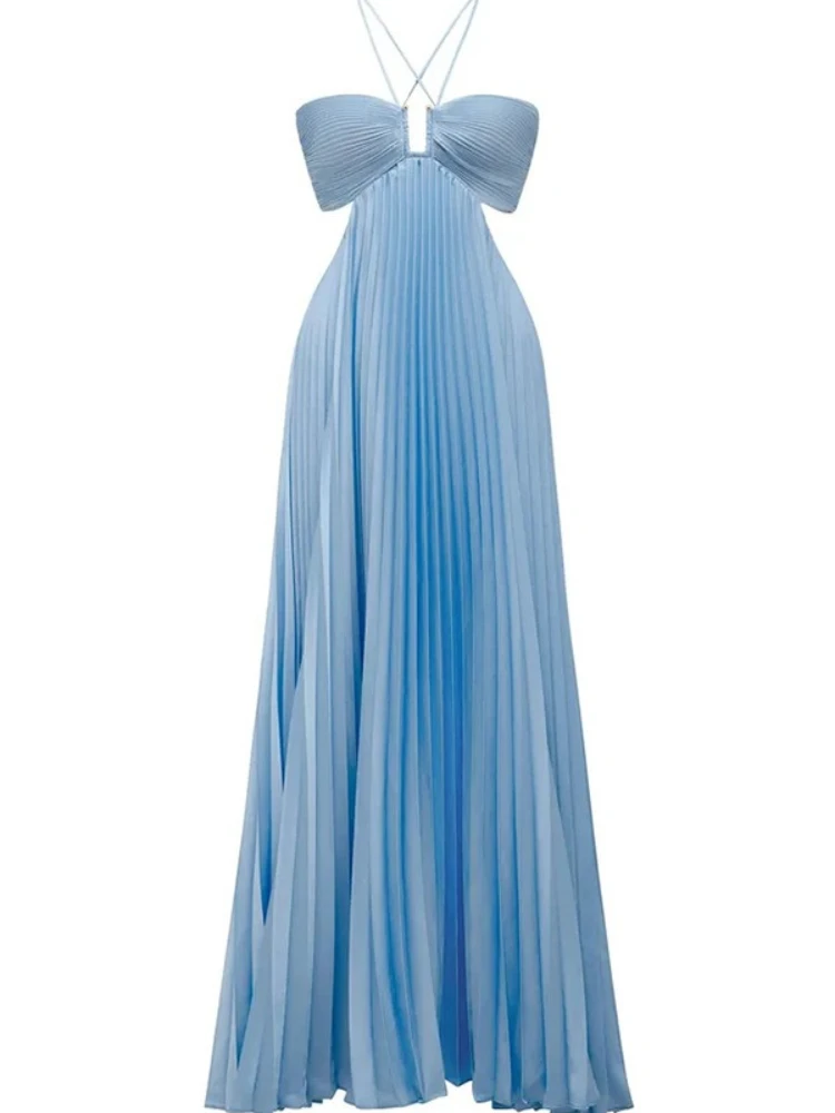 

Sexy Backless Spaghetti Straps Front Keyhole Pleated Chiffon Long Dress Blue