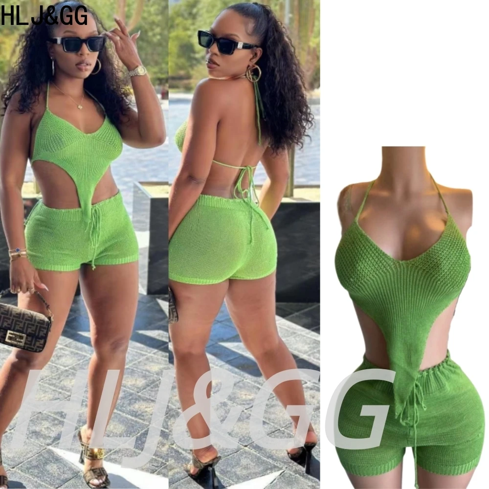 

HLJ&GG Summer New Knitting Hollow Two Piece Sets Women Halter Bandage Backless Crop Top And Shorts Outfits Fashion Streetwear