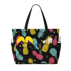 Pineapples Large Waterproof Beach Bag for Women Sandproof Tote Bag Pool Bag with Zipper and Pockets for Travel Vacation Gym