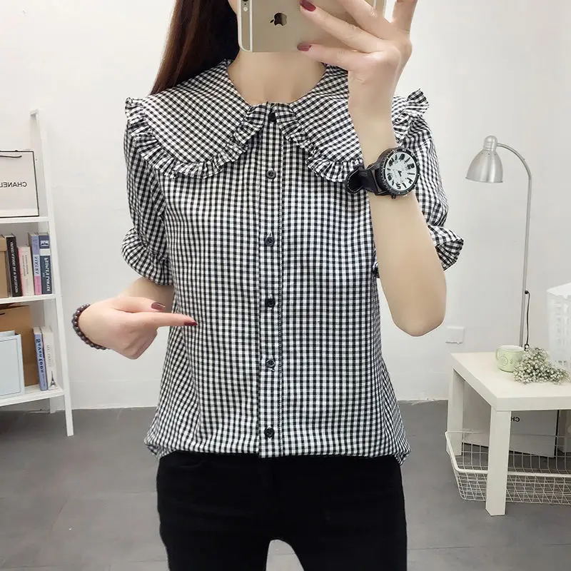 Blouse Women Shirt Summer Black White Short Sleeves Plaid Women Loose Top Ruffled Coat Blusas Mujer De Moda