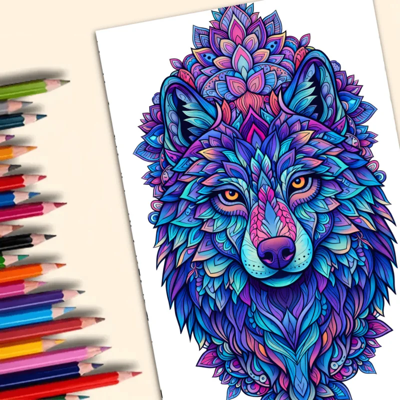 A4 Mandala Wolf Coloring Book 24 Pages Intricate Animal Circle Art for Adults Stress Relief Relaxation Gift