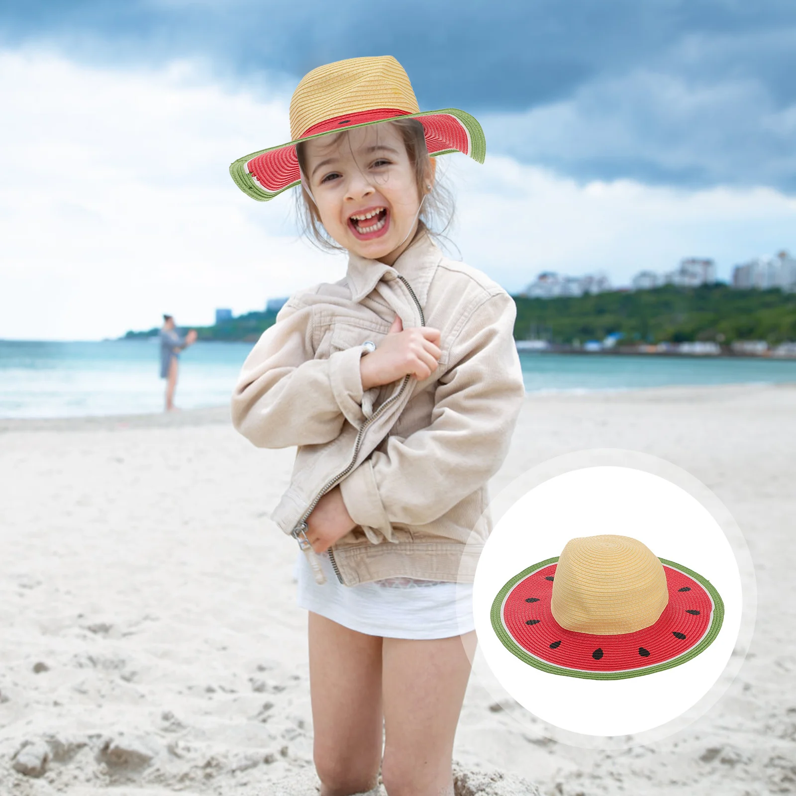 

Girls Comfortable Wide Brim Straw Hat Elastic Chin Strap Uv Protection for Summer Beach Outing Watermelon Straw Hat