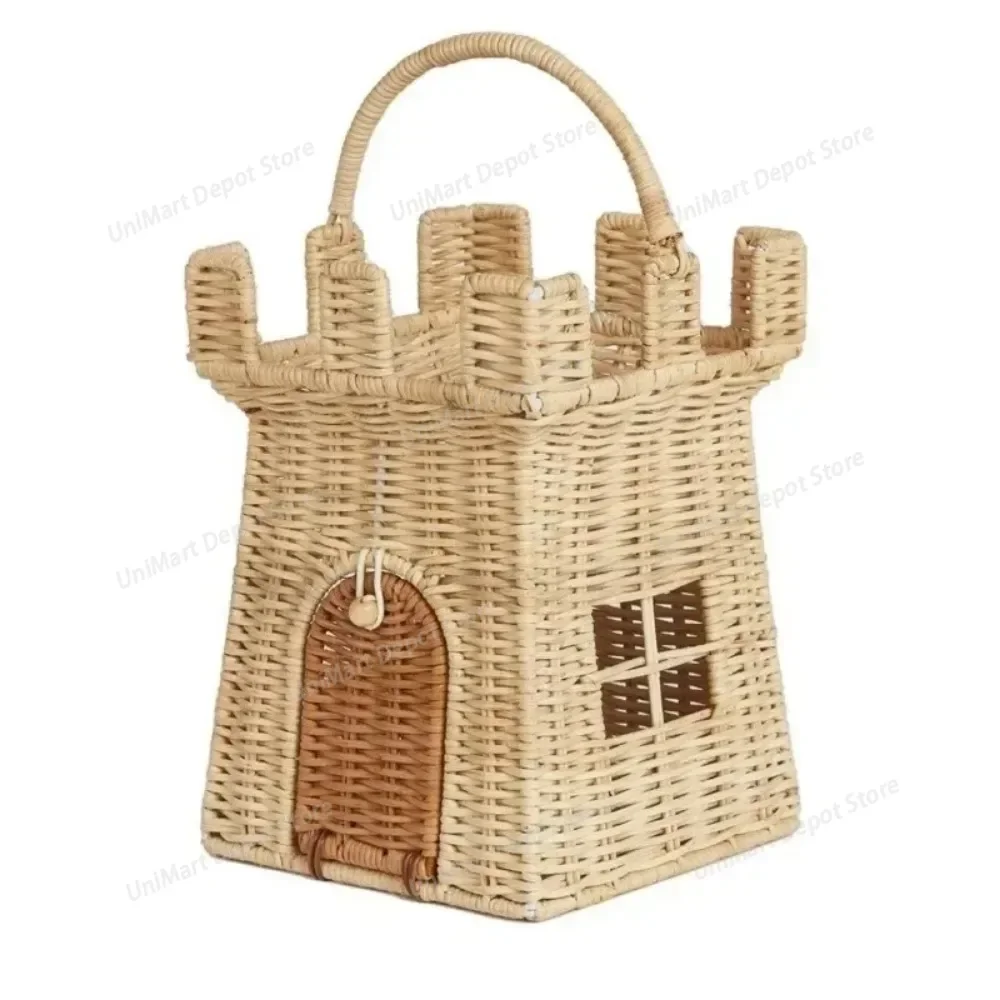 Ins Style Handmade Rattan & Willow Woven Kids Castle House Basket, Storage basket, kids Room Decor, Photography Prop
