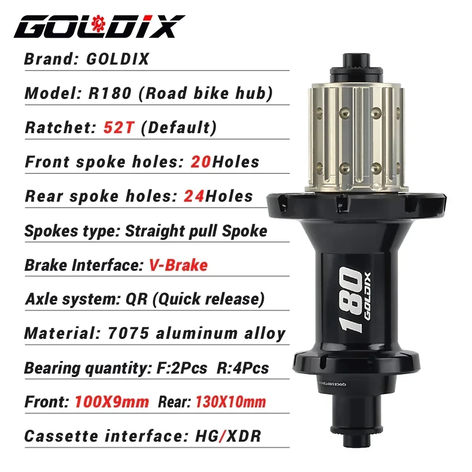 GOLDIX R180 V-Brake Road Bike Hub EXP 52T Ratchet QR HG/XDR Front 20 Hole Rear 24 Hole Straight Pull Spoke Sealed Bearing