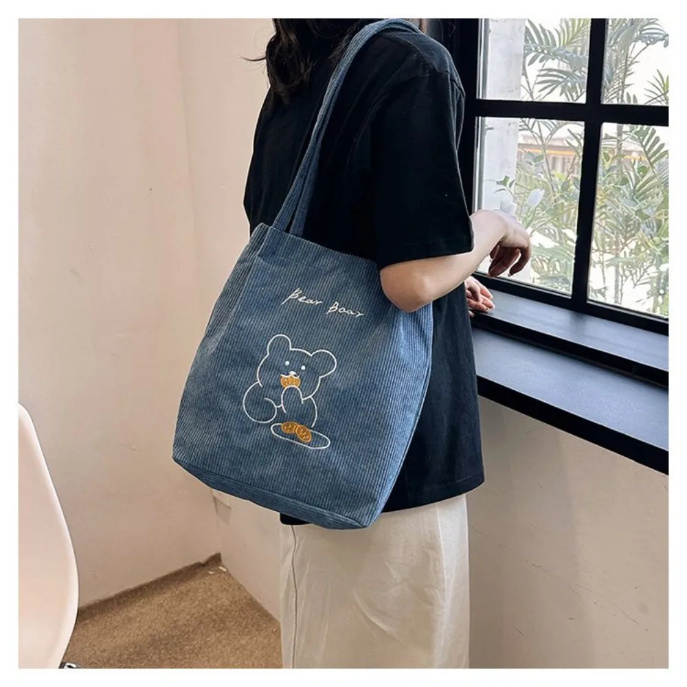 Women Corduroy Shoulder Bag High-capacity Bear Ladies Casual Handbag Tote Bag Reusable Large Capacity Cotton Shopping Beach Bags