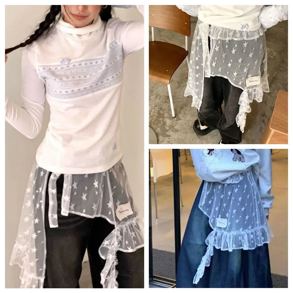 

New Embroidered Flower Lace Mini Skirt See Through Harajuku Split Skirt Irregular Y2K Streetwear Butt Curtain Jeans Decoration