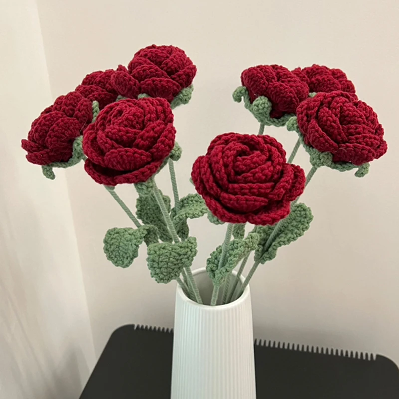 New Crochet Flowers Bouquet Handmade Knitted Red Rose Flower Artificial Fake Flower Christmas Wedding Party Home Decoration