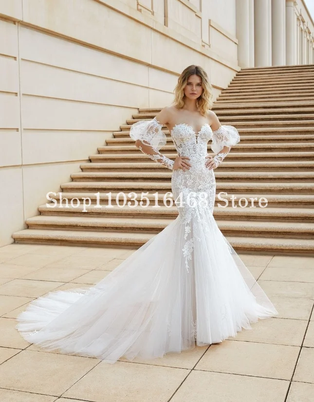 Elegant Princess Wedding Dresses Luxury Sweetheart Appliqued Mermaid Bodycon Gowns Removable Long Sleeve Vestido De Novia