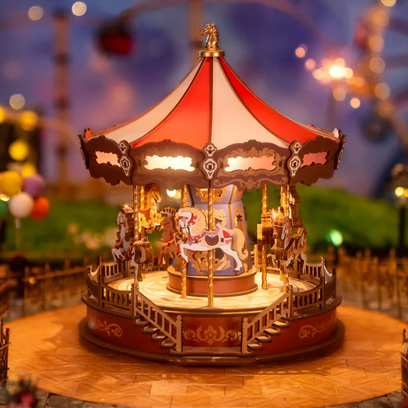 Classic Carousel Music Boxes Easy Assemble 3D Wooden Puzzle Moveable Design with Light Xmas Gifts for Family