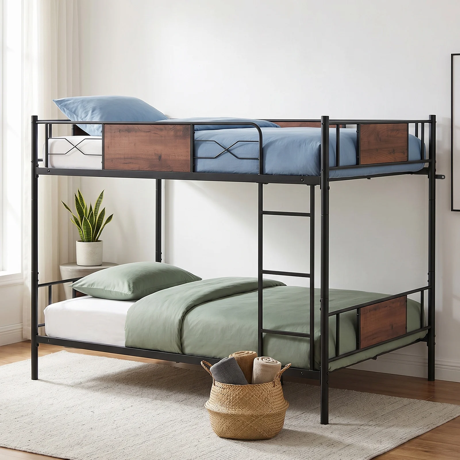 Full Over Full Bunk Bed Detachable Metal Bunk Bed Frame with Higher Guardrail Ladder Under Bed Storage No Box Spring Needed
