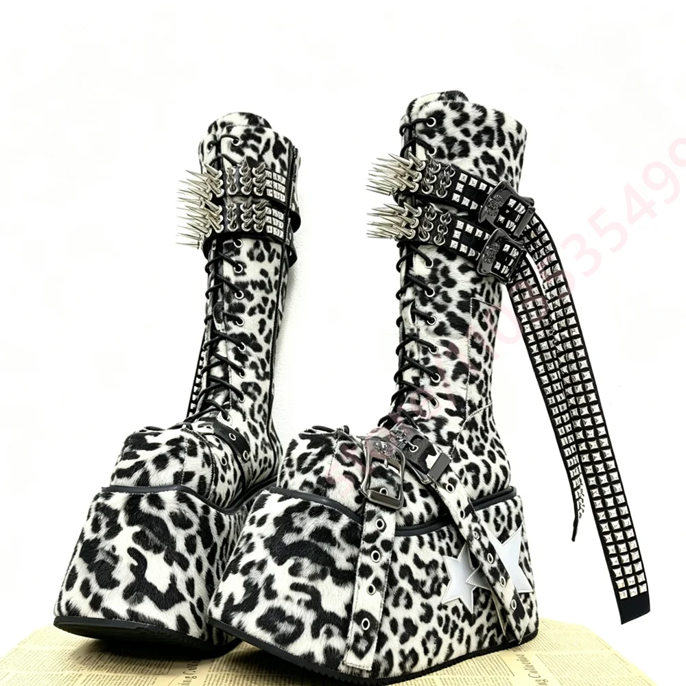 2026 Leopard Knee High Platform Boots Spiked Studded Metal Chain Multi Buckle Straps Lace Up Gothic Punk Fashion Party Footwear
