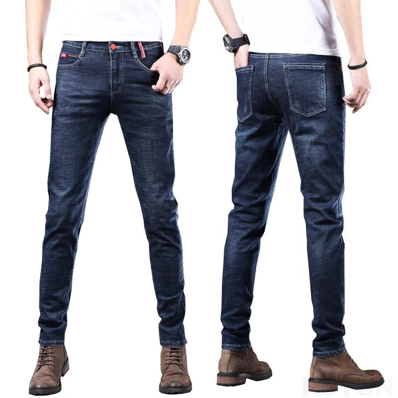 Celana Jeans kurus untuk pria, celana panjang Denim elastis modis trendi warna biru hitam, celana kebugaran kurus untuk pria