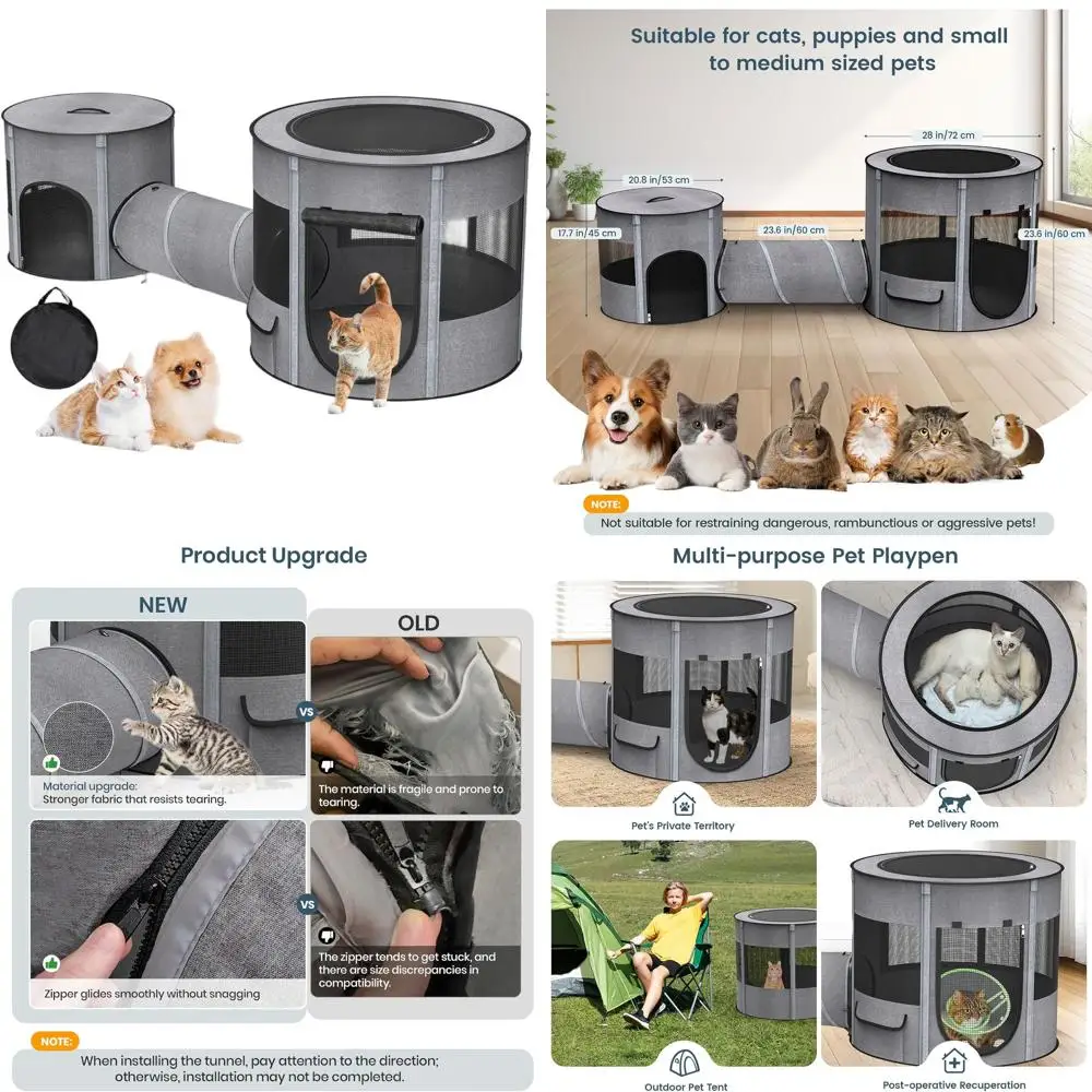 

Складной манеж для животных 3-в-1 с туннелем, водонепроницаемым дном, двухкомнатным отсеком для использования в помещении/на улице, подходит для кошек, собак и других животных