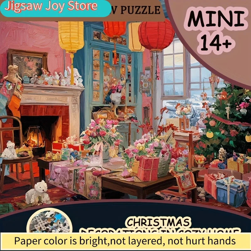 Een mini-papierpuzzel van 1000 stuks voor volwassenen, met de titel 'Kerstversiering in een gezellig huis', geschikt voor feestspellen en activiteiten