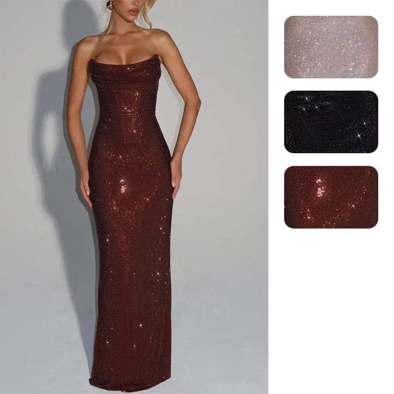 2026 New Women's Matron of Honor Style Fitted Sleeveless Sequined Long Off-the-Shoulder Party Date Evening Gown Dress