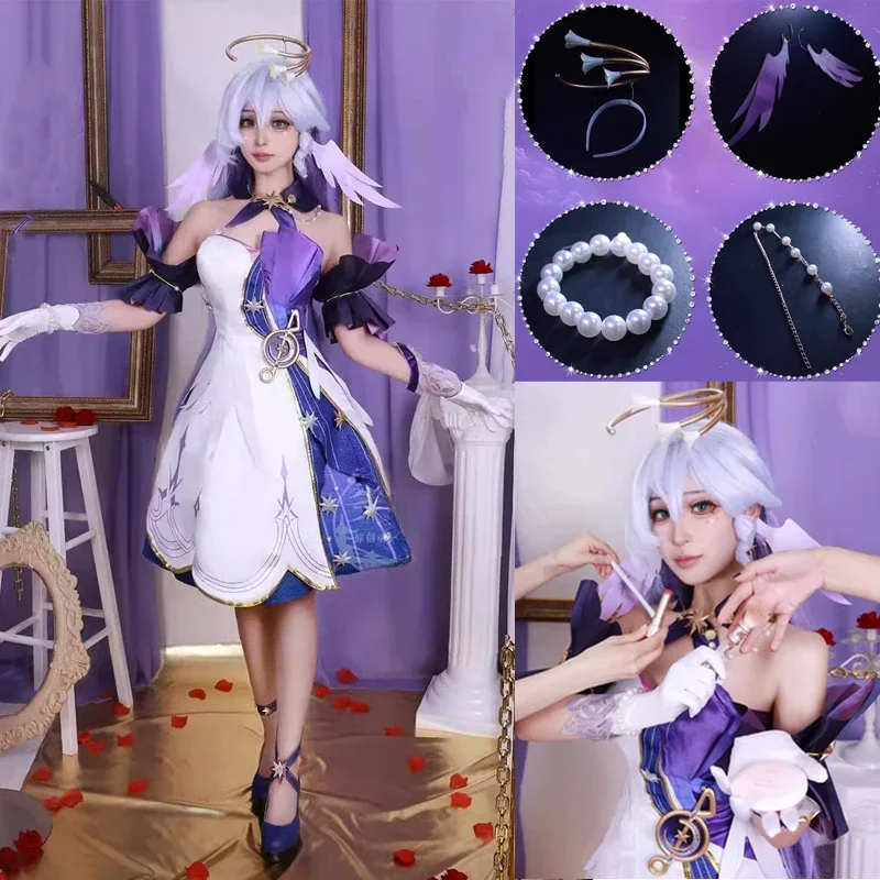 Robin Cosplay Costume Dress Wig Honkai Star Rail Uniform Wings Headwear Earrings Singer Sunday Halloween Party Women Prop