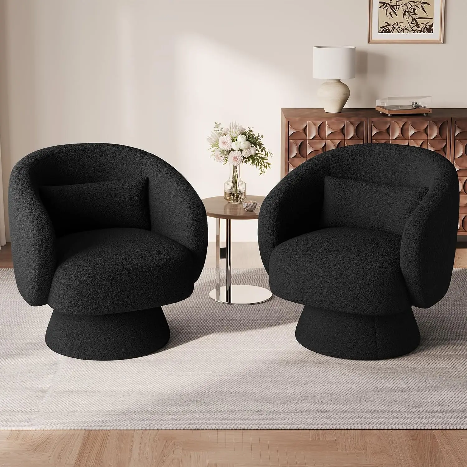 Swivel Accent Chair Set of 2, Modern Comfy Teddy Barrel Chairs, Oversized Upholstered Round Armchair for Living Room, Bedroom