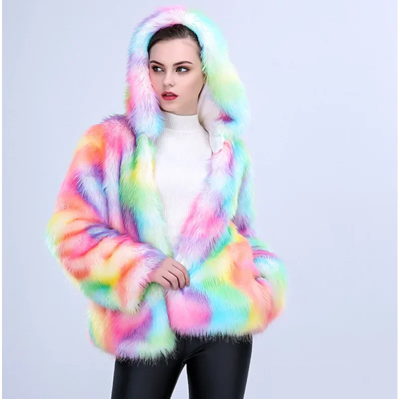 

Rainbow Faux Fur Coat Women Winter Warm Coat Hoodie Nightclub Party Rave Outfit Colorful Clothes New Christmas Suit