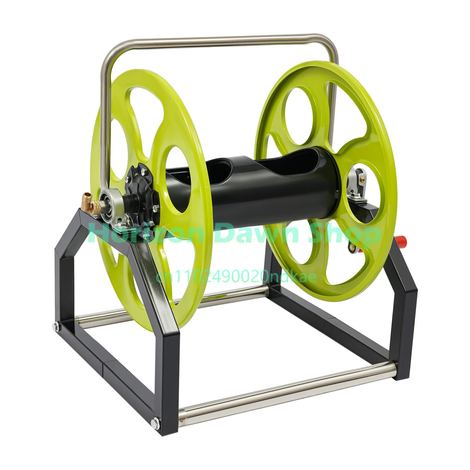 metal-hose-reel-and-water-pipe-rack-with-360-°-rotating-nozzle-and-crank-handle