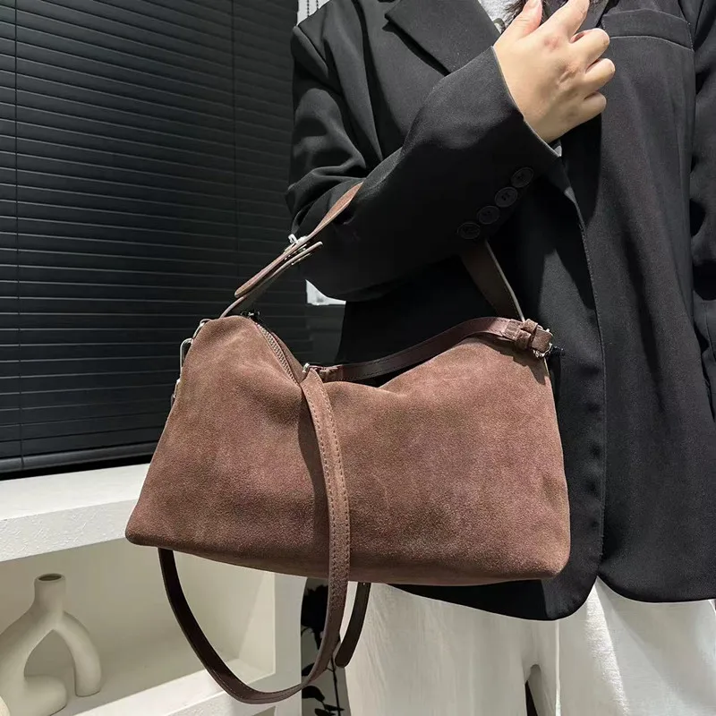 

Winter Big Capacity High-end Frosted Cowhide Leather Women's Handbag Coffee Solid Color Matte Suede Leather Female Shoulder Bag