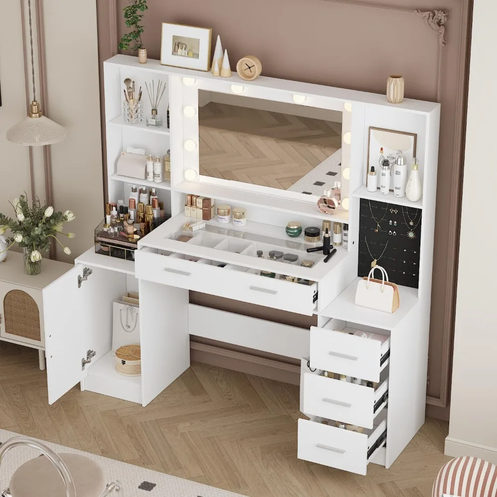 Makeup Vanity Desk with LED Lighted Mirror, Jewelry Organizer & Glass Tabletop, Modern Vanity Table Dressing Table with