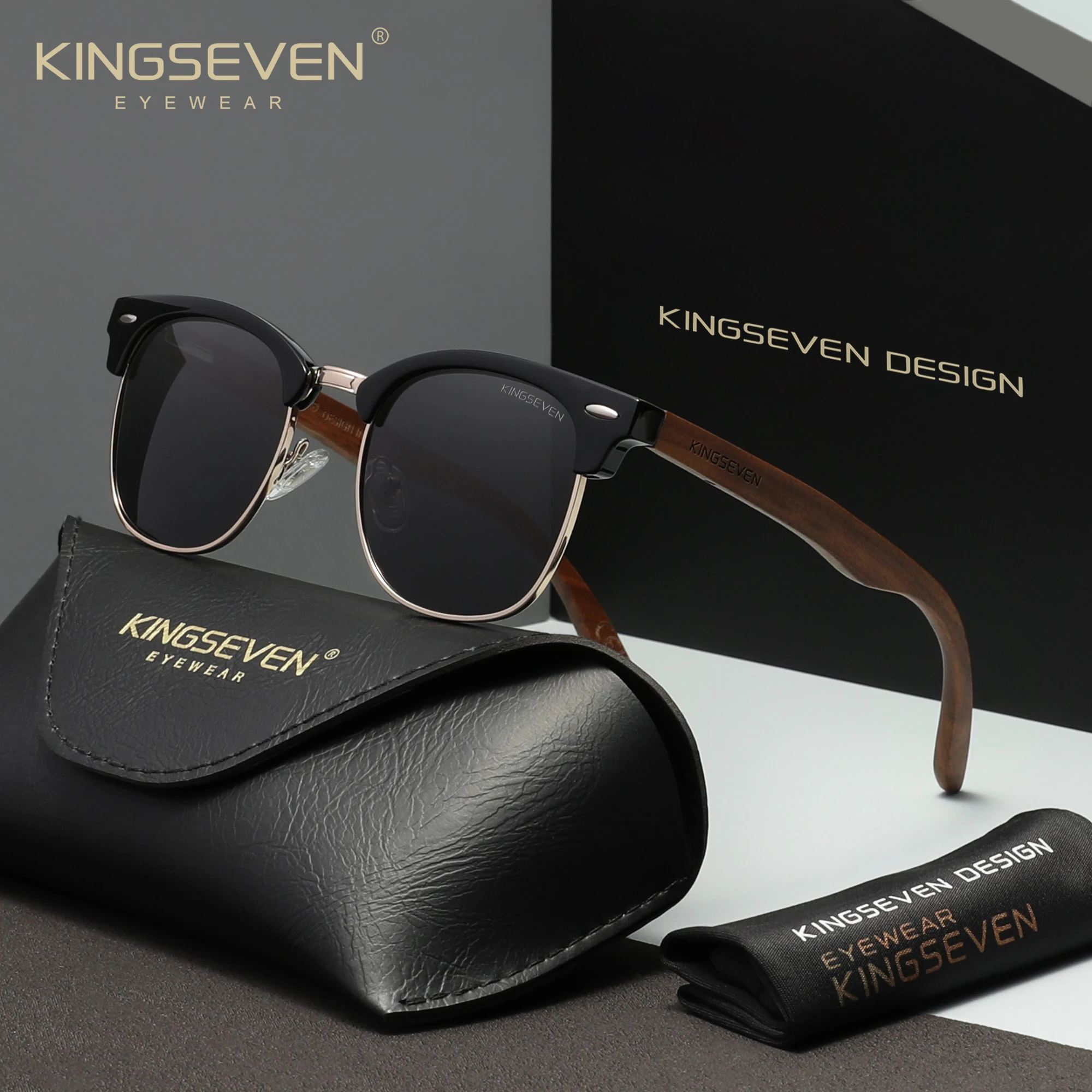KINGSEVEN Handmade Black Walnut Wood Men's Sunglasses Women Polarized Mirror Lens Sun Glasses UV400