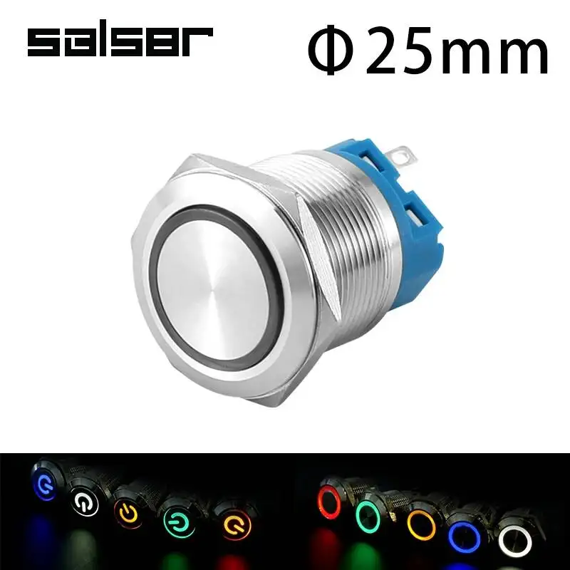 25mm Metal Push Button Switch DIY Reset Self Locking Ring Power Supply With Lamp Flat Circular Waterproof Stainless Steel