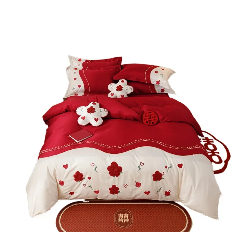 New Chinese wedding red bed four-piece 100S towel embroidered quilt dowry pure cotton sheets